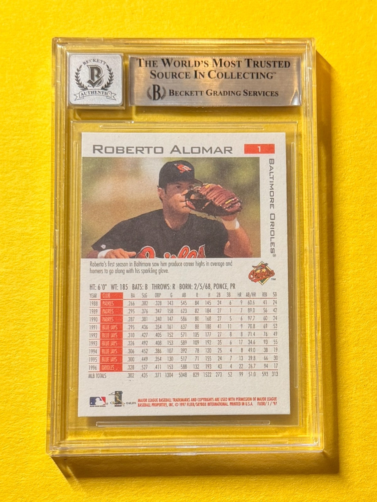 1997 FLEER STUDIO ROBERTO ALOMAR #1 SIGNED AUTO CARD BECKETT 10 AUTHENTIC