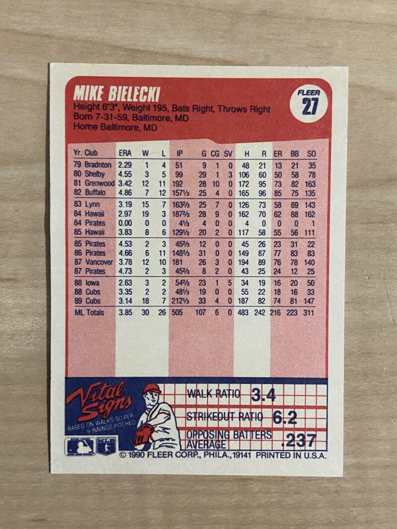 MIKE BIELECKI CHICAGO CUBS SIGNED AUTOGRAPHED 1990 FLEER CARD #27 W/COA