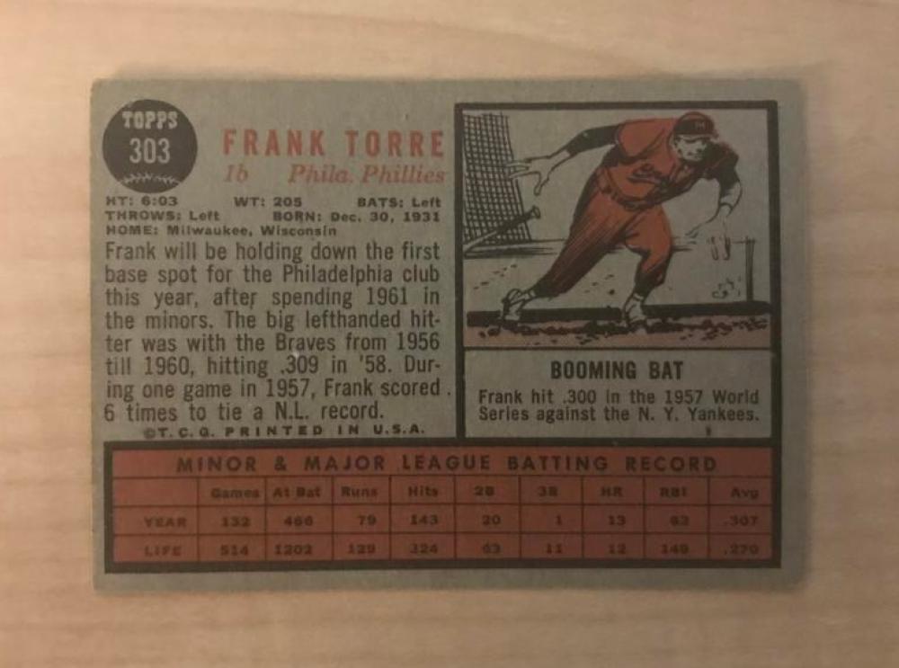 FRANK TORRE PHILADELPHIA PHILLIES SIGNED VINTAGE 1962 TOPPS CARD #303 W/COA