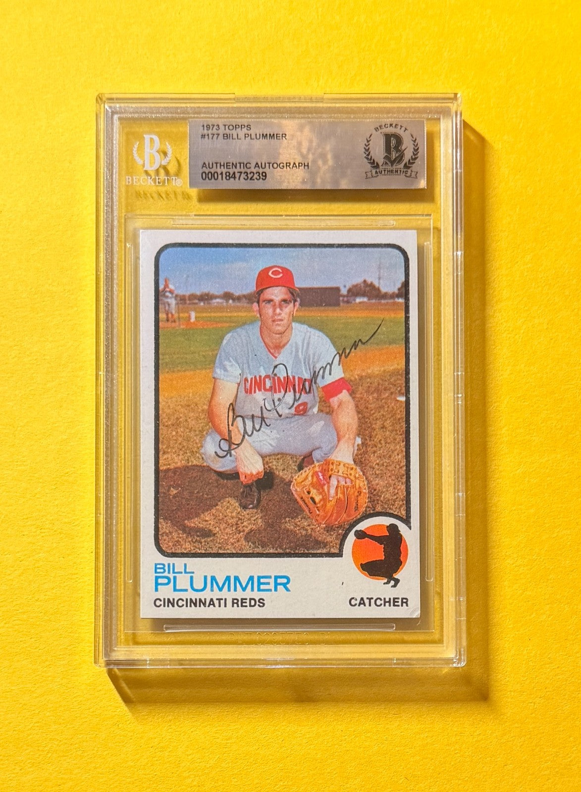 1973 TOPPS BILL PLUMMER #177 SIGNED AUTO CARD BECKETT AUTHENTIC REDS