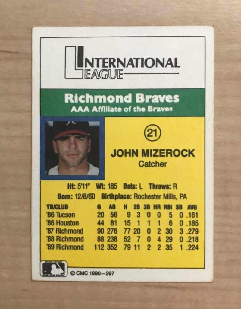 JOHN MIZEROCK RICHMOND BRAVES SIGNED AUTOGRAPHED 1990 CMC CARD #21 W/COA