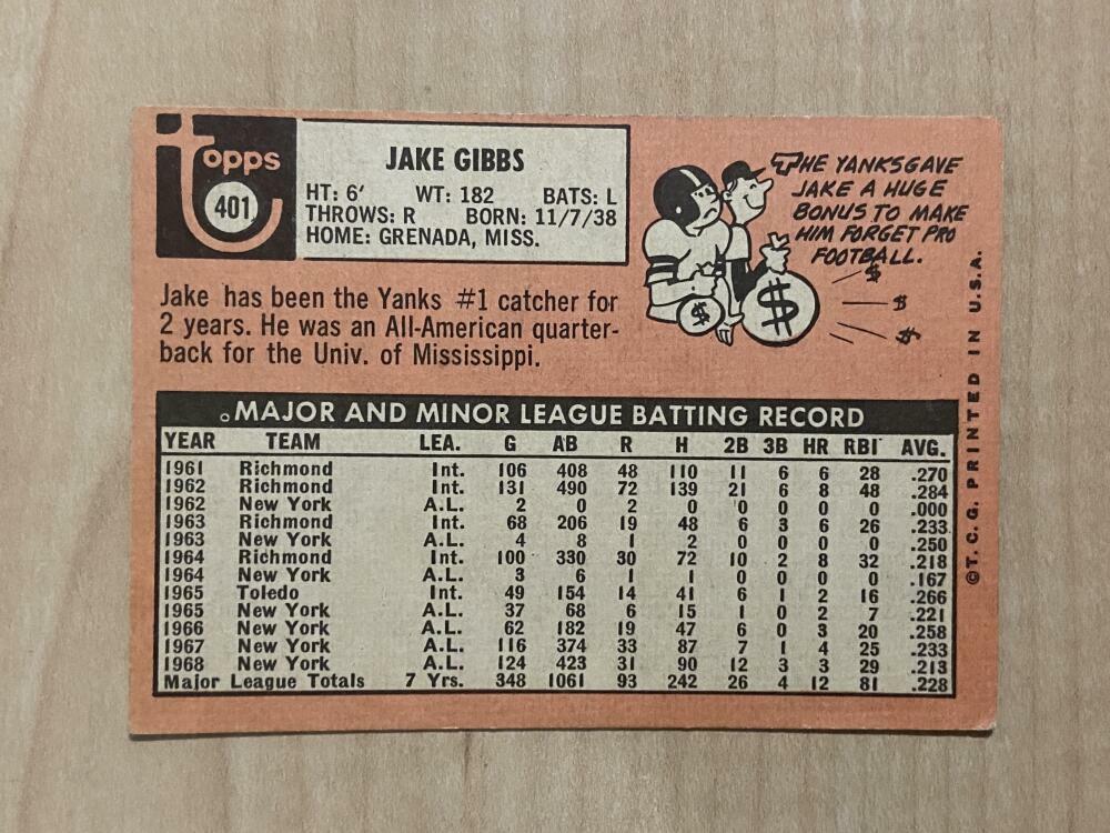 JAKE GIBBS NEW YORK YANKEES SIGNED AUTOGRAPHED 1969 TOPPS CARD #401 W/COA