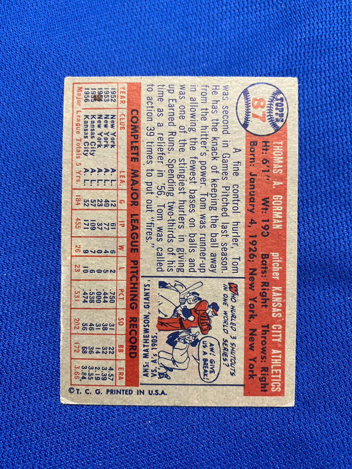1957 TOPPS TOM GORMAN KANSAS CITY A'S #87 CARD VINTAGE SET-BREAK
