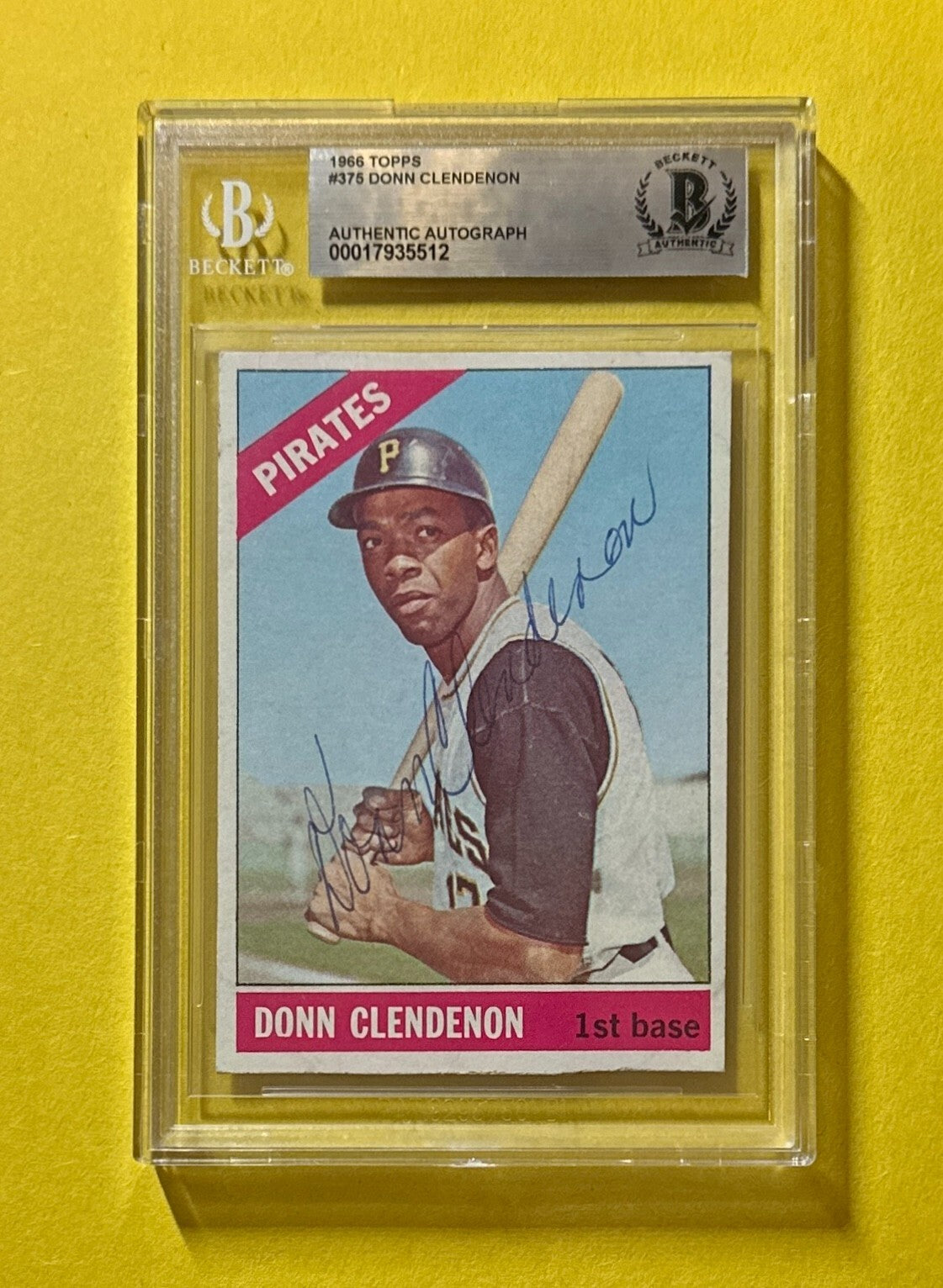 1966 TOPPS DONN CLENDENON BECKETT AUTHENTIC SIGNED AUTOGRAPHED CARD #375 PIRATES