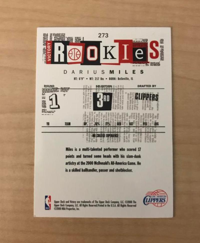 DARIUS MILES LOS ANGELES CLIPPERS AUTOGRAPHED 00-01 VICTORY CARD #273 W/COA