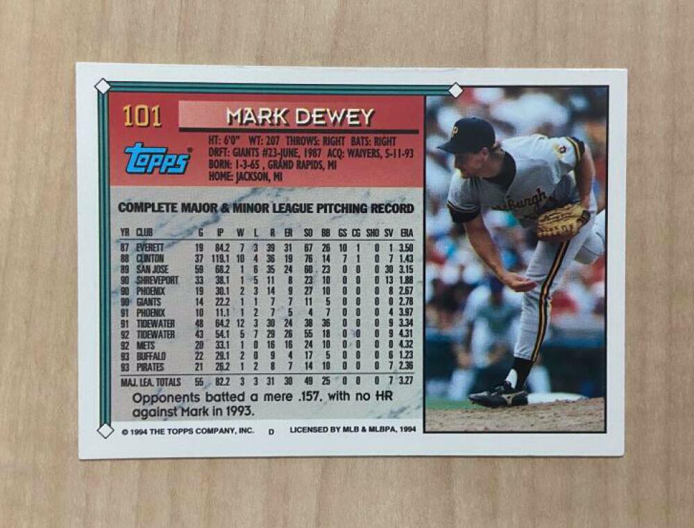 MARK DEWEY PITTSBURGH PIRATES SIGNED AUTOGRAPHED 1994 TOPPS CARD #101 W/COA