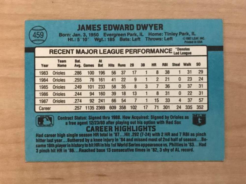 JIM DWYER BALTIMORE ORIOLES SIGNED AUTOGRAPHED 1988 DONRUSS CARD #459 W/COA