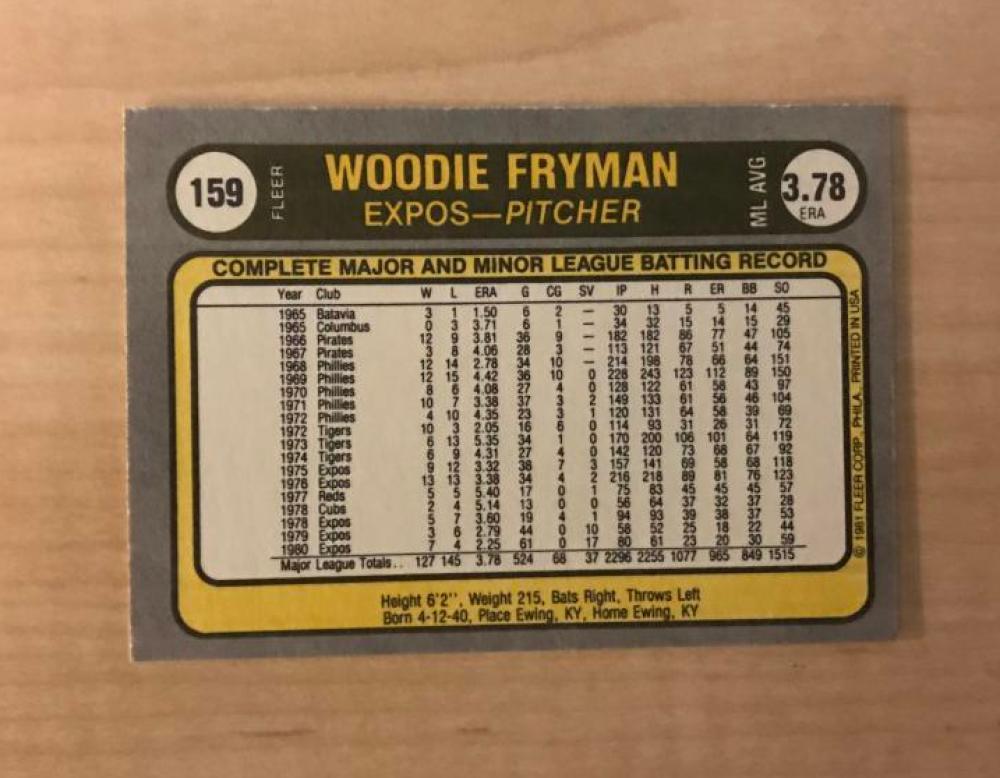 WOODIE FRYMAN MONTREAL EXPOS SIGNED AUTOGRAPHED 1981 FLEER CARD #159 W/COA 