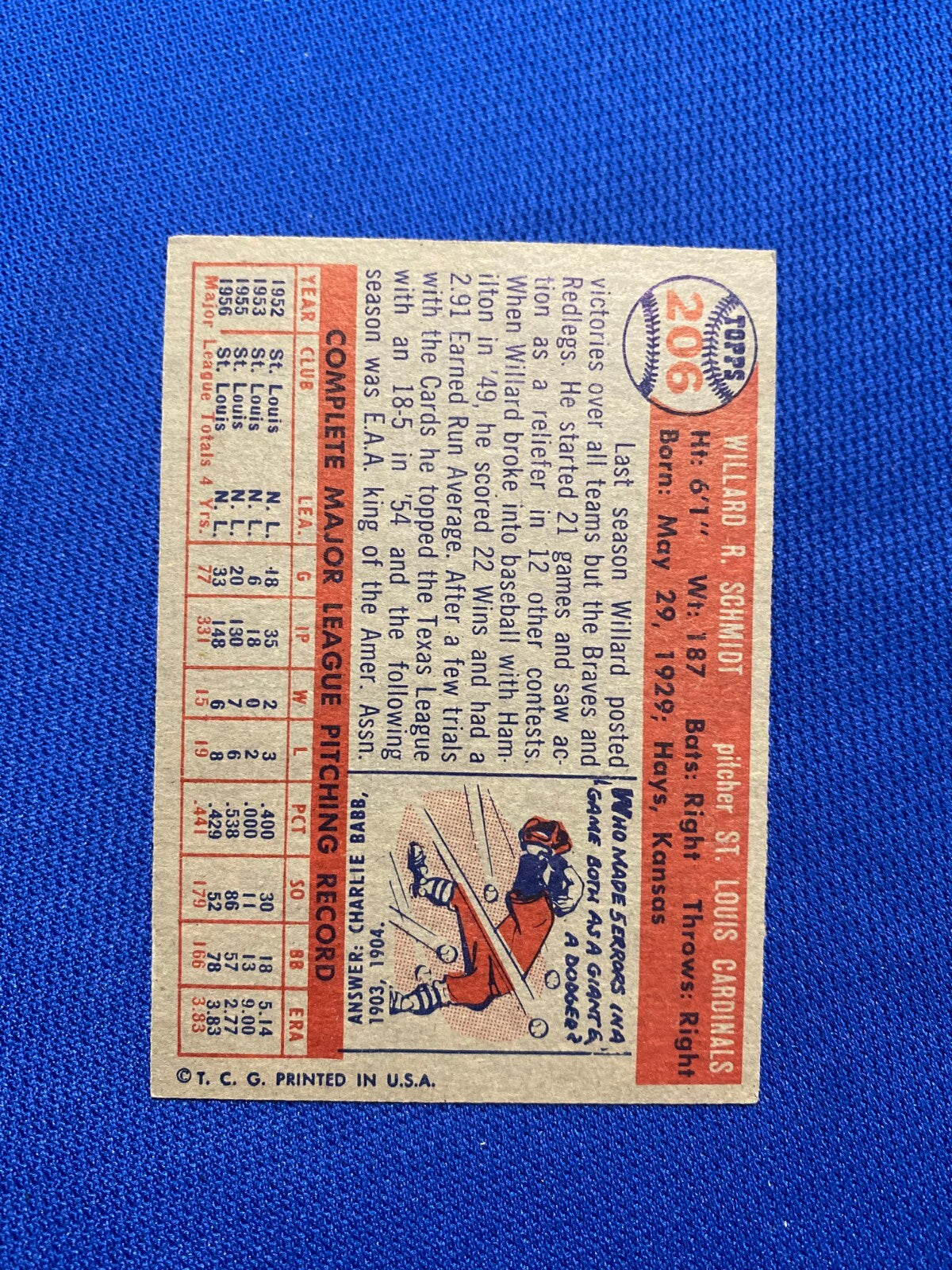1957 TOPPS WILLARD SCHMIDT ST. LOUIS CARDINALS #206 CARD VINTAGE SET-BREAK