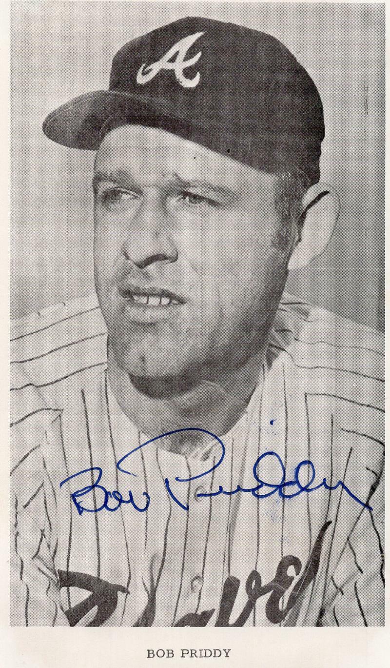 BOB PRIDDY   ATLANTA BRAVES SIGNED 3X5 POSTACARD W/ COA