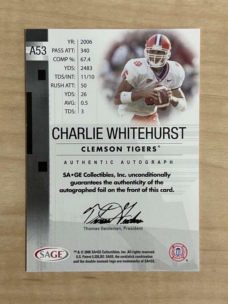 CHARLIE WHITEHURST CLEMSON TIGERS SIGNED 2006 SAGE 35/150 CARD #A53 W/COA