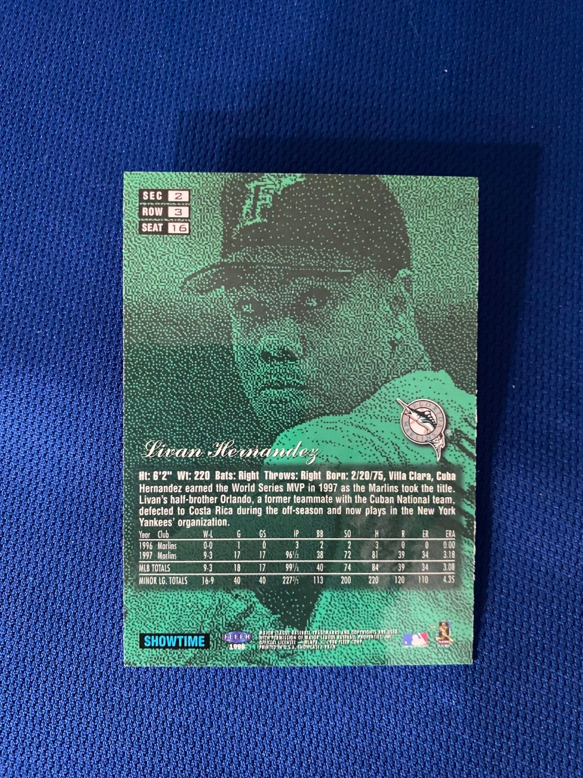 1998 FLAIR SHOWCASE LIVAN HERNANDEZ MARLINS AUTOGRAPHED SIGNED CARD #16 W/COA