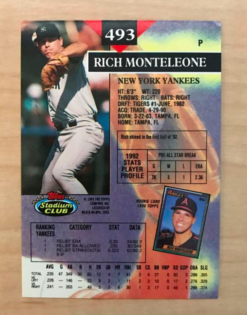 RICH MONTELEONE NEW YORK YANKEES SIGNED AUTOGRAPHED 1993 TOPPS STADIUM CLUB CARD