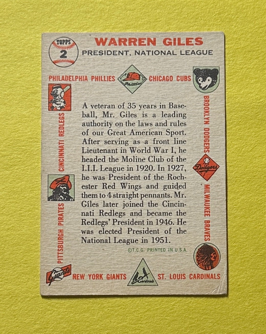 1956 TOPPS WARREN GILES #2 PRESIDENT OF THE NATIONAL LEAGUE