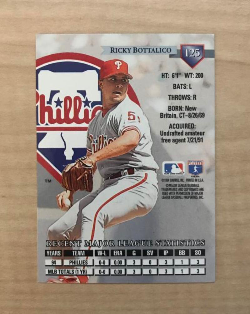 RICKY BOTTALICO PHILADELPHIA PHILLIES SIGNED 1995 DONRUSS CARD #125 W/COA