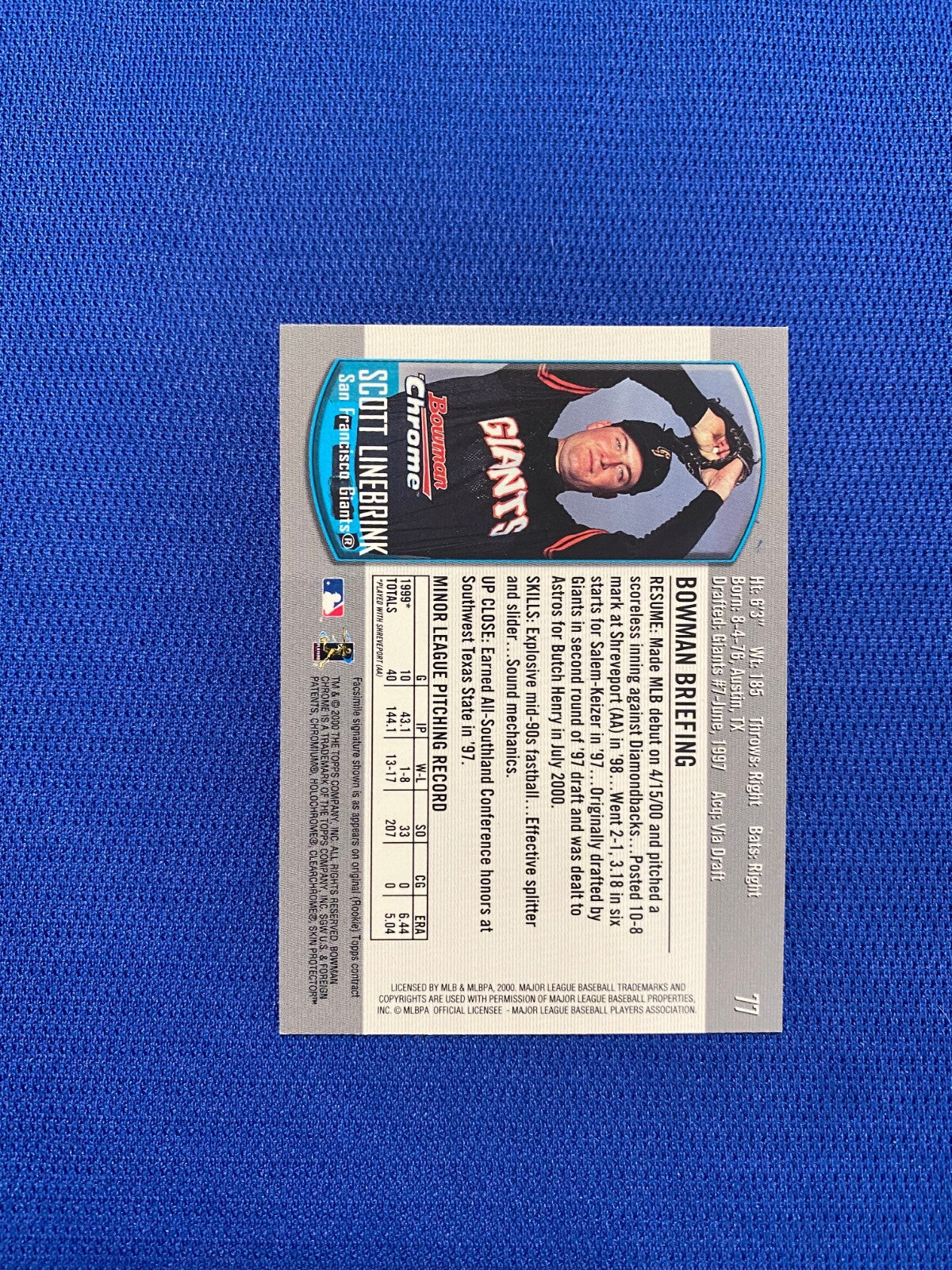 2000 BOWMAN CHROME SCOTT LINEBRINK SAN FRANCISCO GIANTS SIGNED AUTO CARD #77 COA