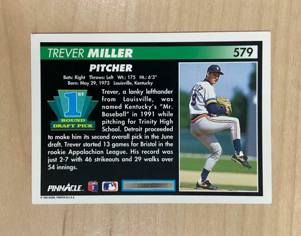 TREVER MILLER DETROIT TIGERS SIGNED AUTOGRAPHED 1992 PINNACLE CARD #579 W/COA