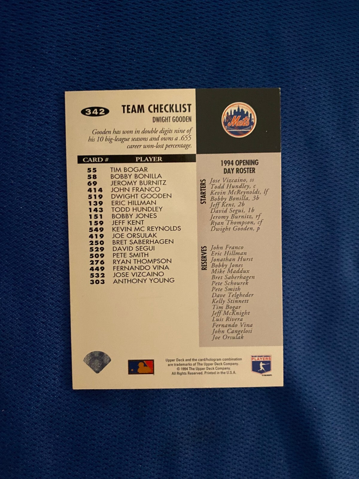 1994 UD COLLECTORS CHOICE DWIGHT GOODEN NEW YORK METS SIGNED AUTO CARD #342 COA