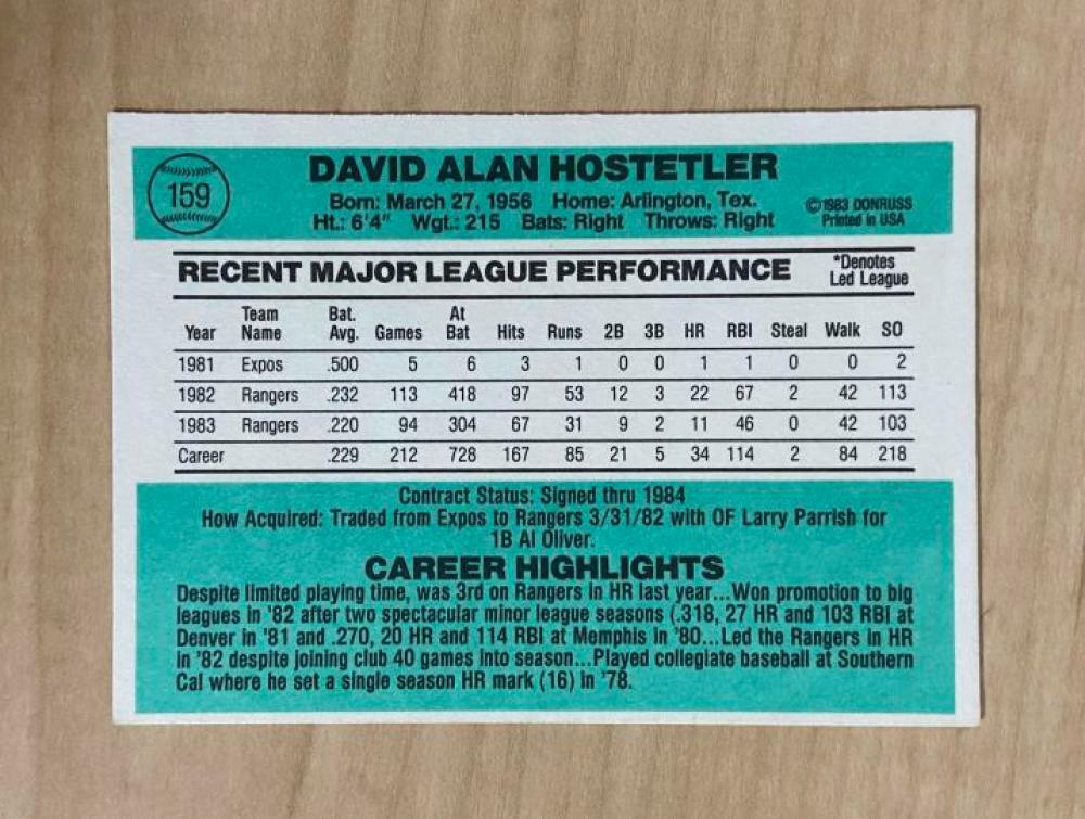 DAVE HOSTETLER TEXAS RANGERS SIGNED AUTOGRAPHED 1984 DONRUSS CARD #159 W/COA 