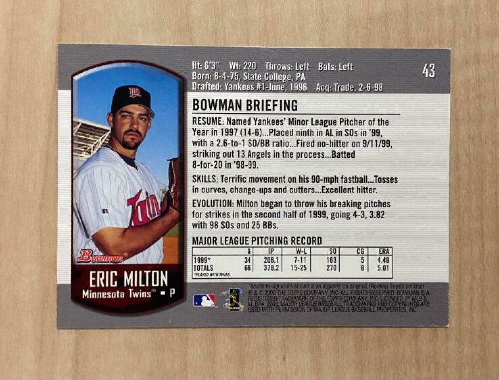 ERIC MILTON MINNESOTA TWINS SIGNED AUTOGRAPHED 2000 BOWMAN CARD #43 W/COA
