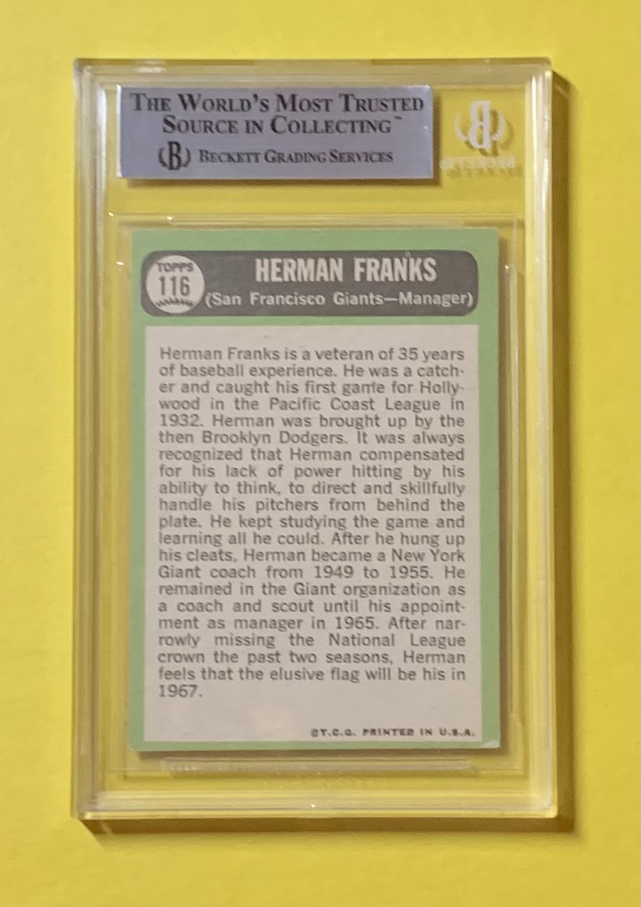 1967 TOPPS HERMAN FRANKS #116 AUTHENTIC AUTO BECKETT CERTIFIED GIANTS