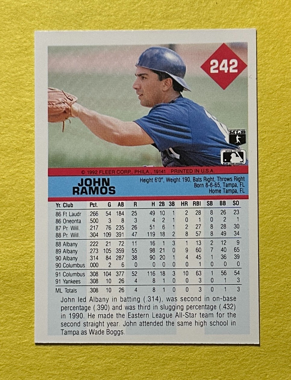 1992 FLEER JOHN RAMOS SIGNED AUTOGRAPH CARD W/ COA #242 YANKEES