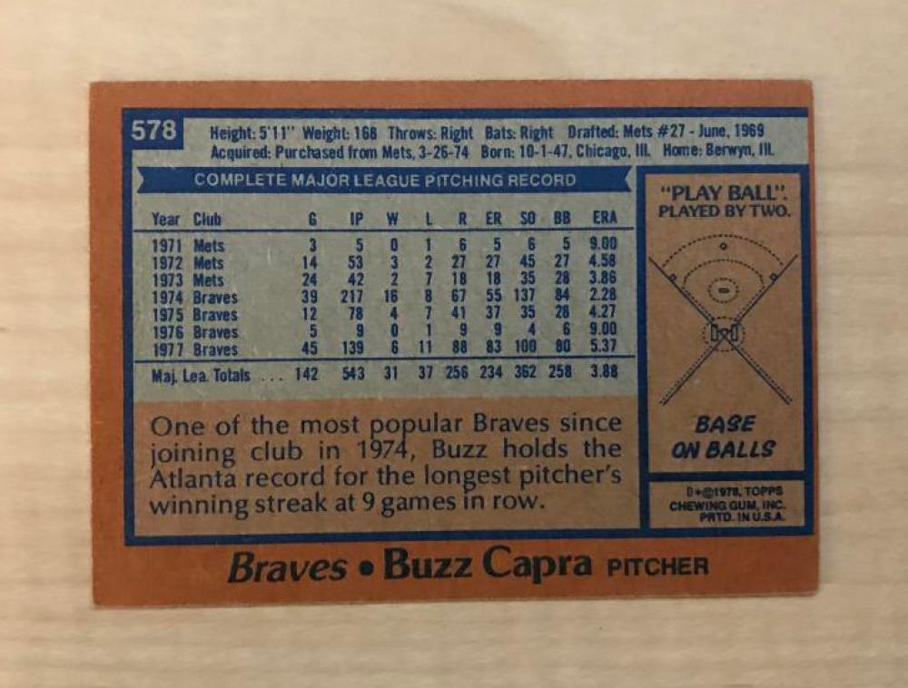 BUZZ CAPRA ATLANTA BRAVES SIGNED AUTOGRAPHED 1978 TOPPS CARD #578 W/COA