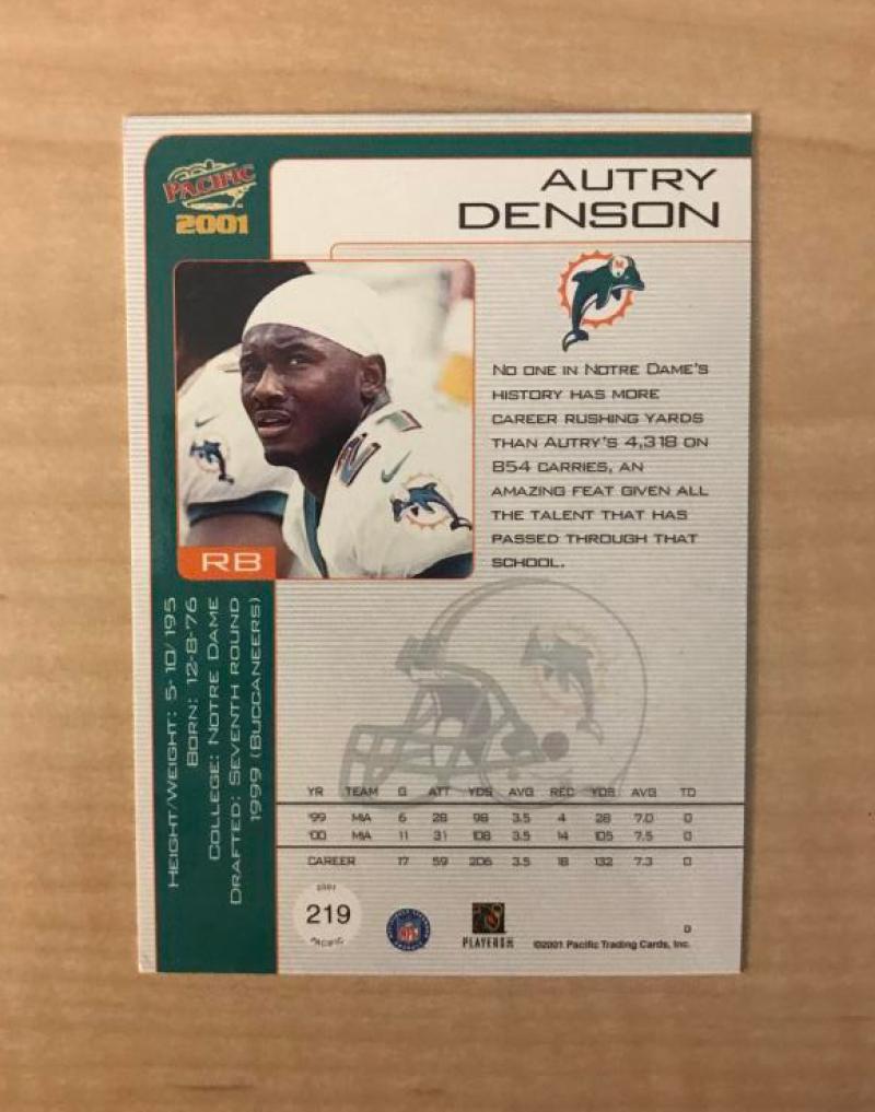 AUTRY DENSON MIAMI DOLPHINS SIGNED AUTOGRAPHED 2001 PACIFIC CARD #219 W/COA