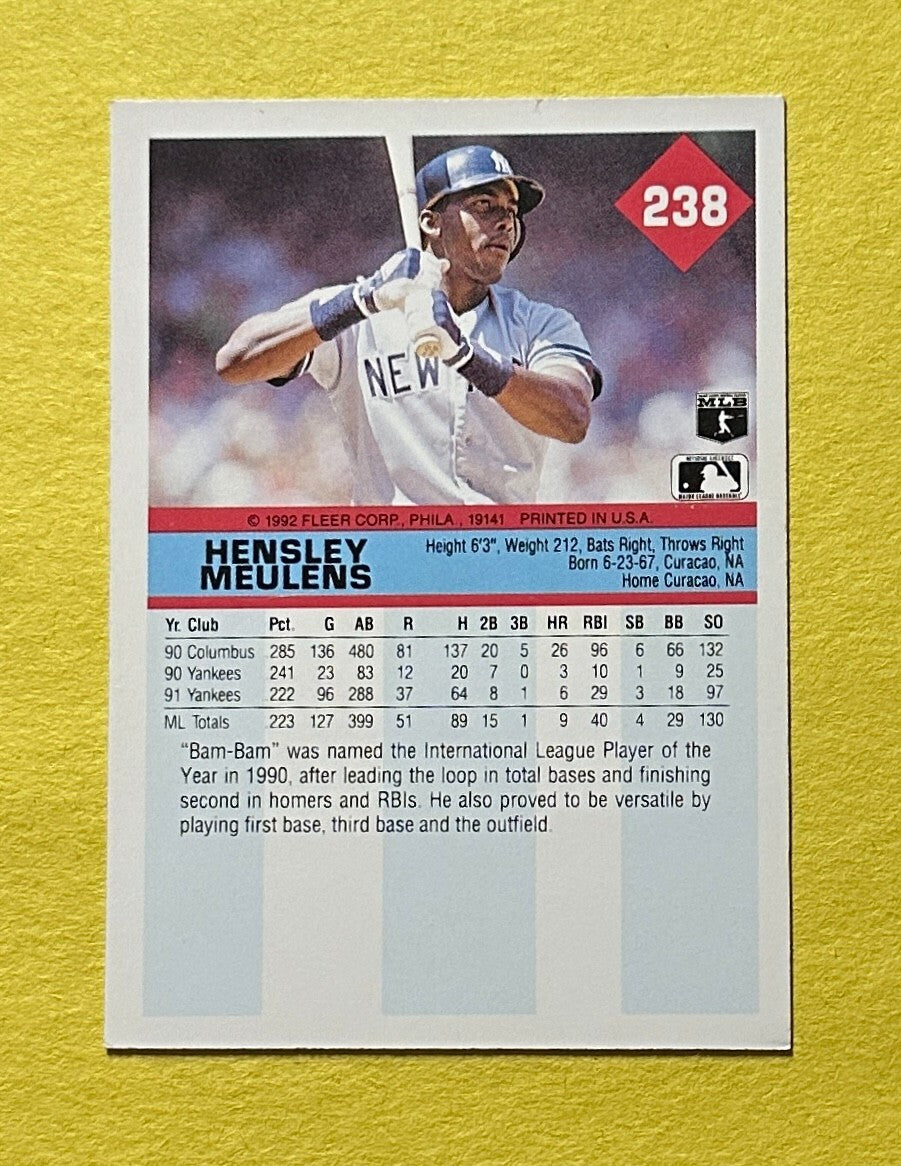 1992 FLEER HENSLEY MEULNES SIGNED AUTOGRAPH CARD W/ COA #238 YANKEES