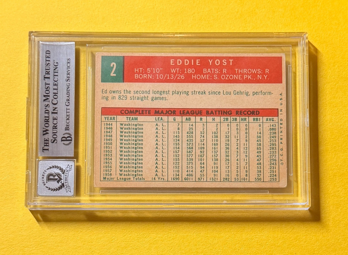1959 TOPPS EDDIE YOST #2 SIGNED AUTO CARD BECKETT 10 AUTHENTIC TIGERS