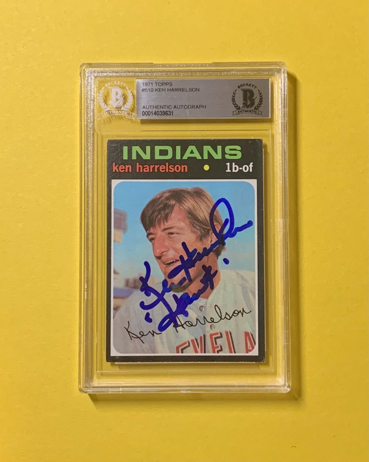 1971 TOPPS KEN "HAWK" HARRELSON #510 AUTHENTIC AUTO BECKETT CERTIFIED REDS