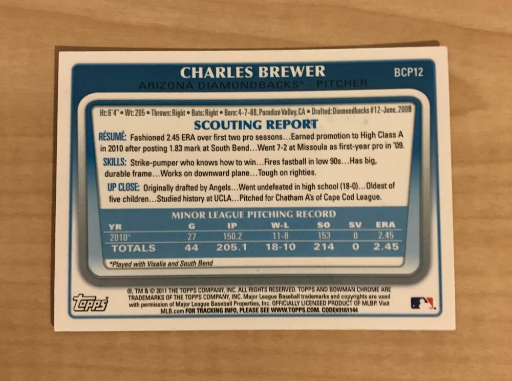 CHARLES BREWER ARIZONA DIAMONDBACKS SIGNED 2011 BOWMAN CHROME CARD #BCP12 W/COA