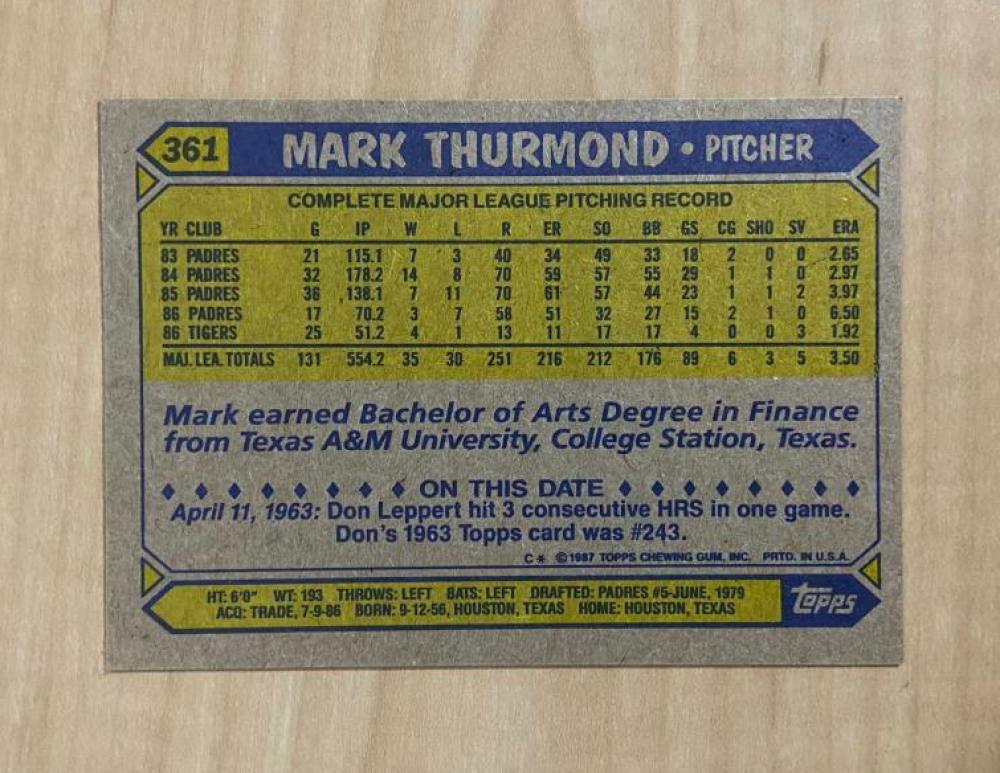 MARK THURMOND DETROIT TIGERS SIGNED AUTOGRAPHED 1987 TOPPS CARD #361 W/COA 