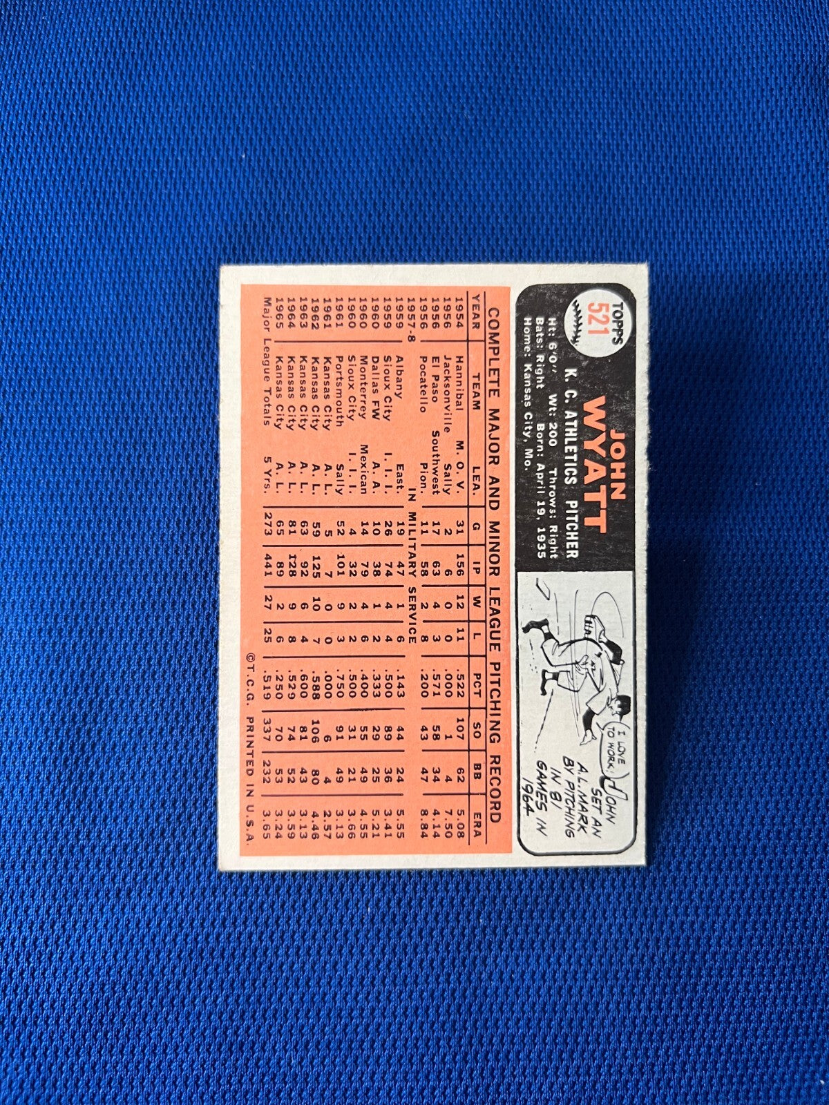 VINTAGE 1966 TOPPS JOHN WYATT KANSAS CITY ATHLETICS CARD #521