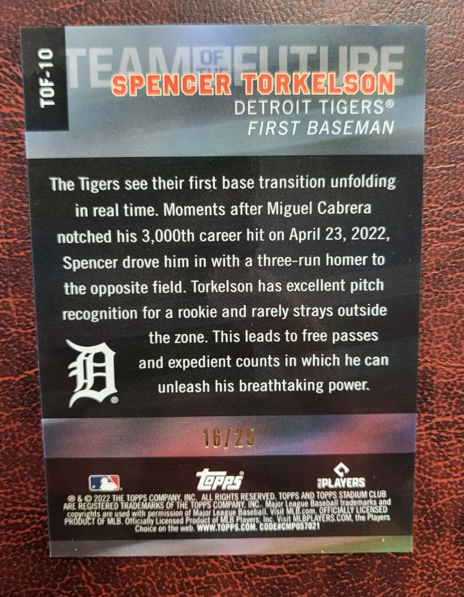 2022 STADIUM CLUB CHROME TEAM OF THE FUTURE SPENCER TORKELSON RC REFRACTOR /25