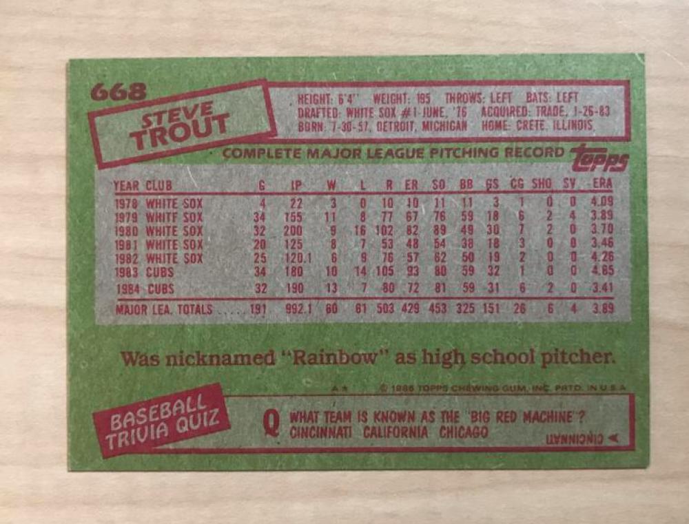 STEVE TROUT CHICAGO CUBS SIGNED AUTOGRAPHED 1985 TOPPS CARD #668 W/COA