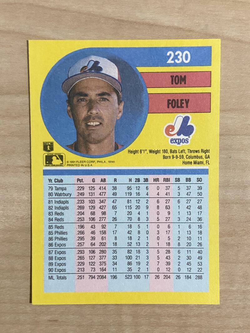 TOM FOLEY MONTREAL EXPOS SIGNED AUTOGRAPHED 1991 FLEER CARD #230 W/COA