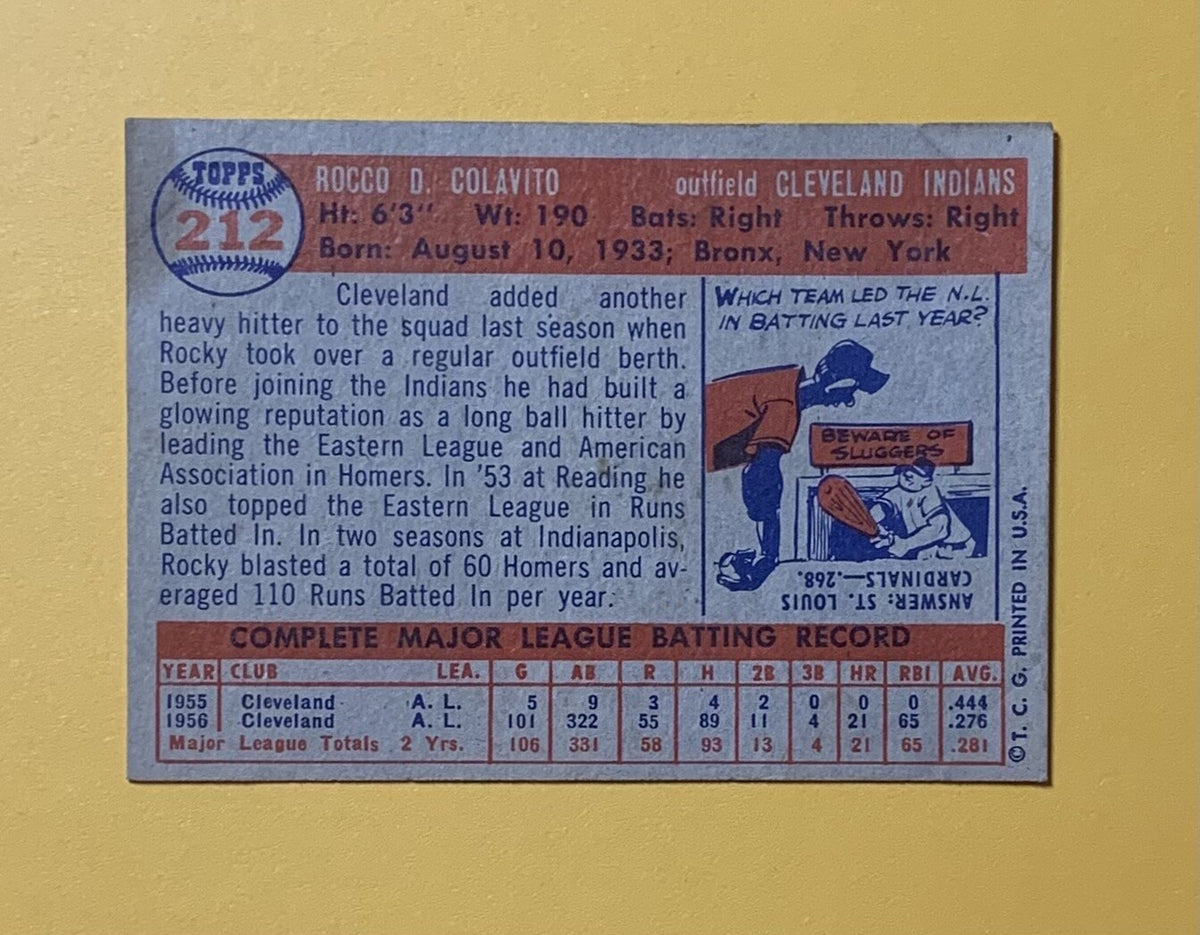 1957 TOPPS BASEBALL ROCCO COLAVITO ROOKIE CARD # 212 INDIANS 