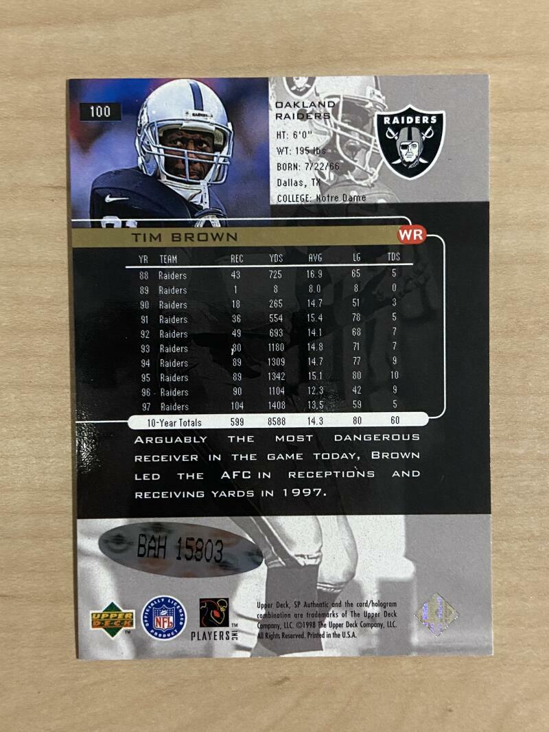 1998 UPPER DECK SP RARE TIM BROWN RAIDERS AUTO 89/121 