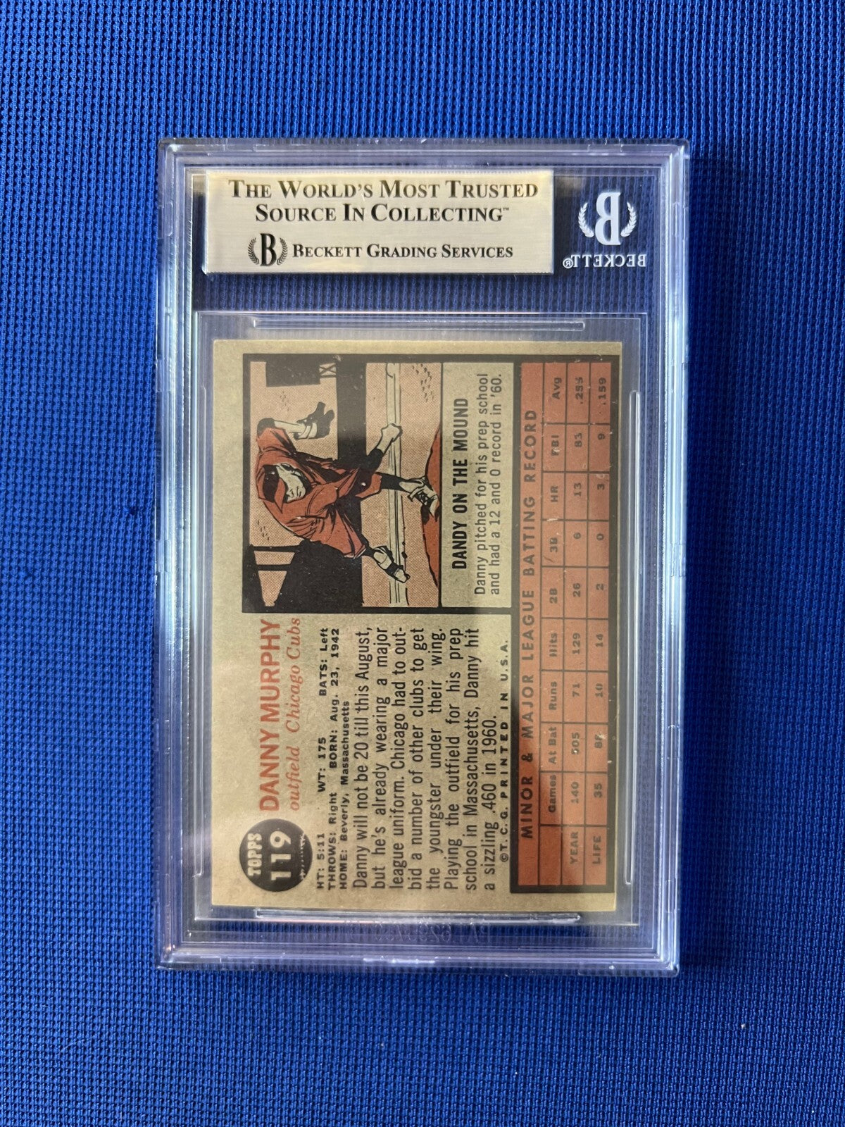 1962 TOPPS DANNY MURPHY CUBS RC ROOKIE SIGNED AUTOGRAPHED CARD #119 BECKETT