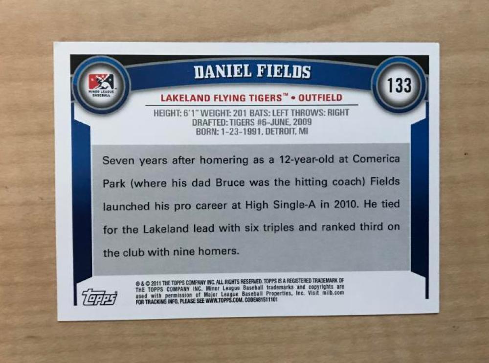 DANIEL FIELDS LAKELAND FLYING TIGERS SIGNED 2011 TOPPS CARD #133 W/COA