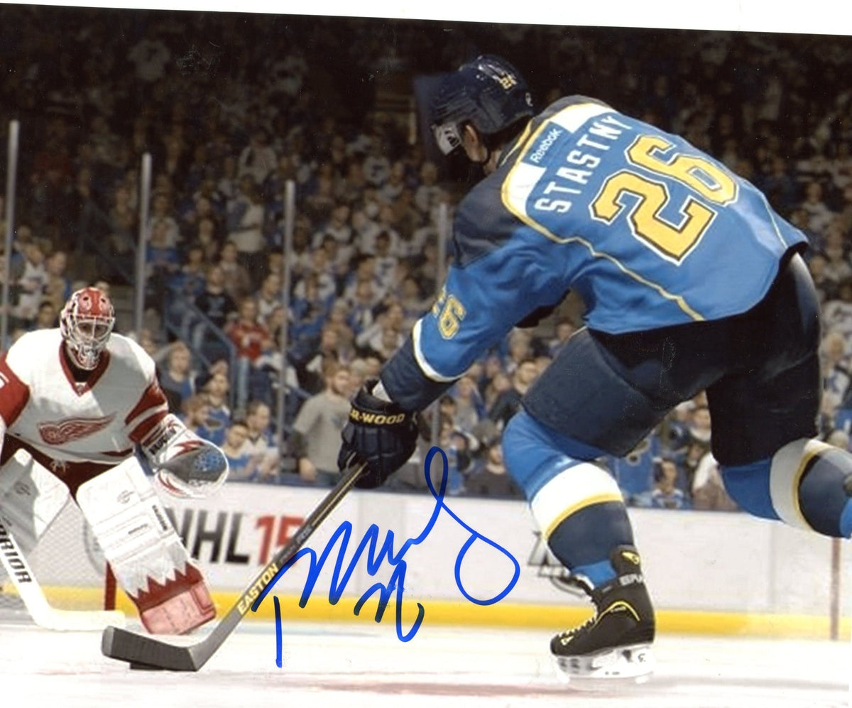 PAUL  STASTNY  ST. LOUIS  BLUES VS RED WINGS   SIGNED AUTOGRAPHED 8X10 PHOTO