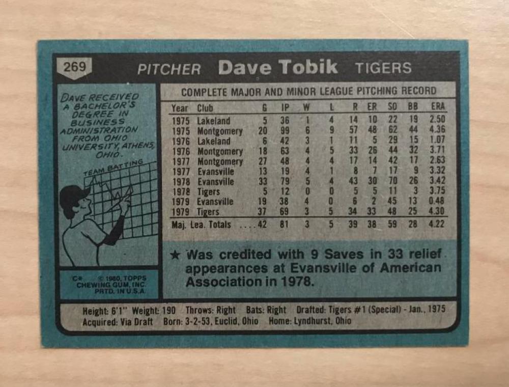 DAVE TOBIK DETROIT TIGERS SIGNED AUTOGRAPHED 1980 TOPPS CARD #269 W/COA