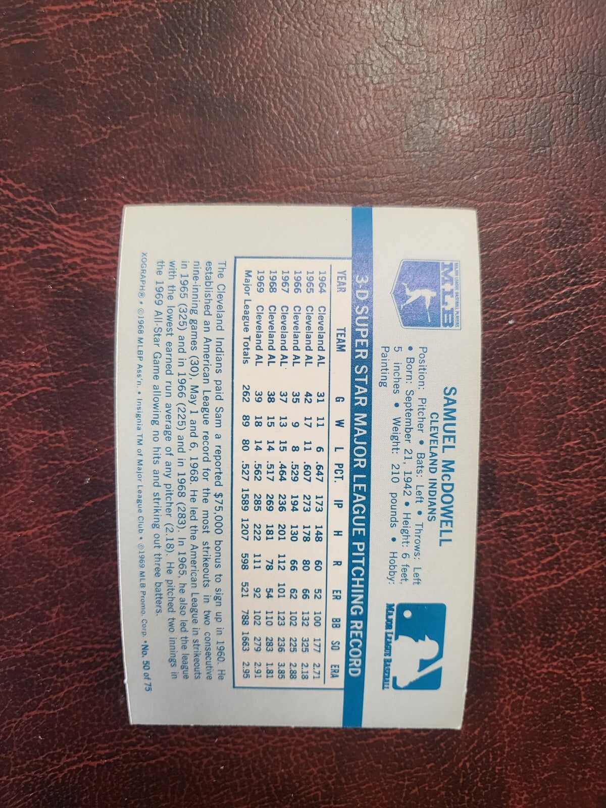 1970 KELLOGGS 3-D SAM MCDOWELL INDIANS BASEBALL CARD #50 VINTAGE NO CRACKS