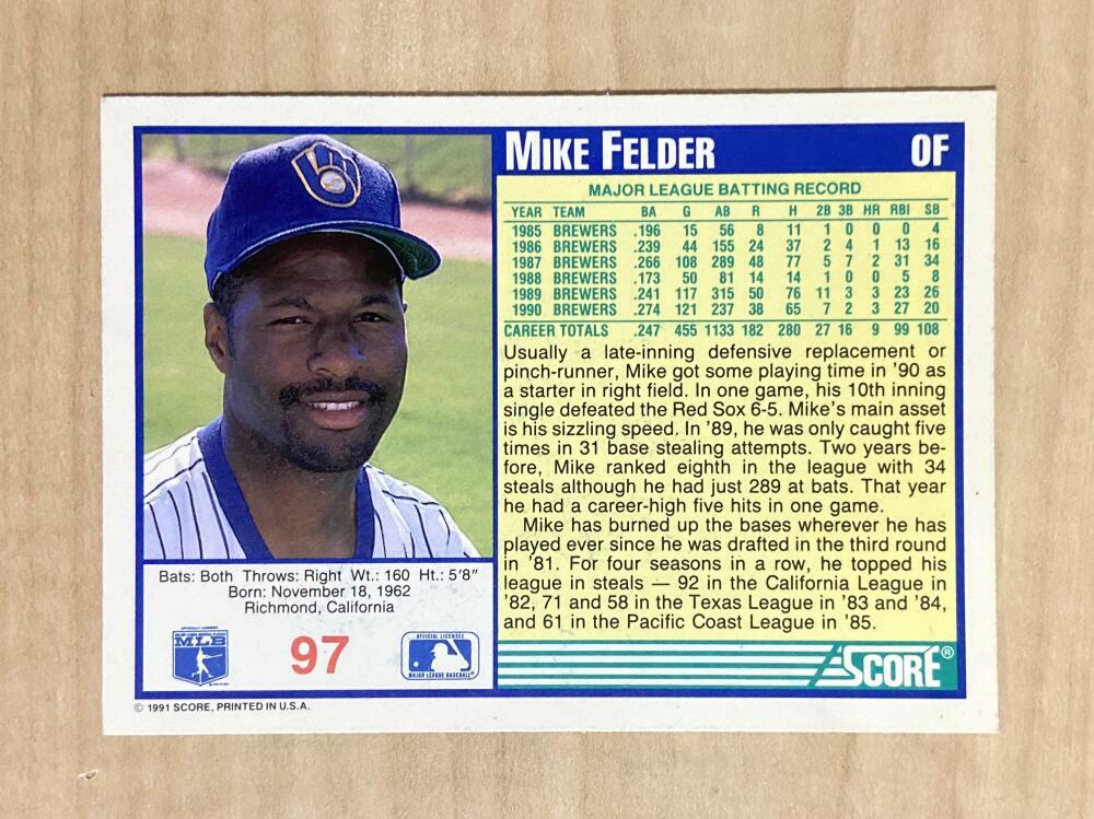 MIKE FELDER MILWAUKEE BREWERS SIGNED AUTOGRAPHED 1991 SCORE CARD #97 W/COA