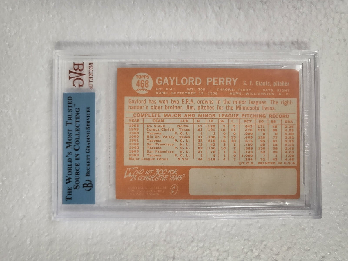 1964 TOPPS GAYLORD PERRY SF GIANTS SIGNED AUTOGRAPHED #468 CARD BECKETT JSA