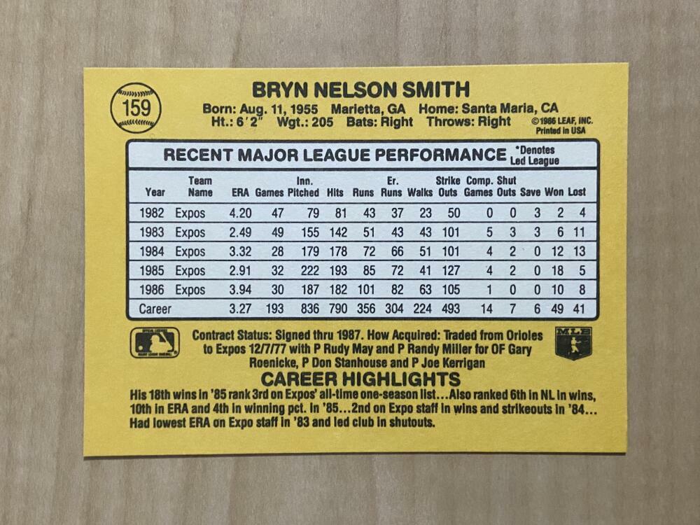 BRYN SMITH MONTREAL EXPOS SIGNED AUTOGRAPHED 1987 DONRUSS CARD #159 W/COA