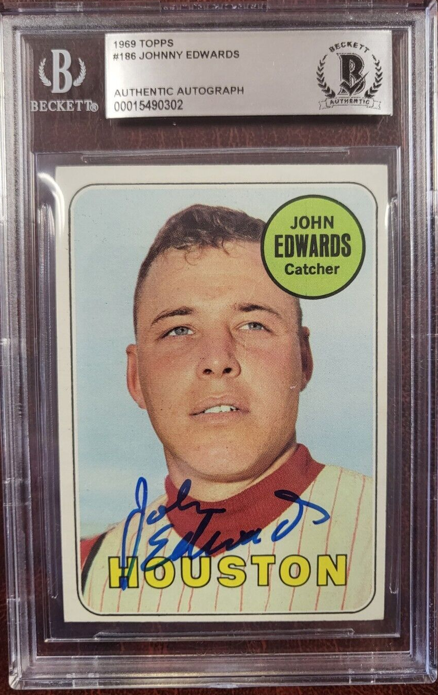 1969 TOPPS JOHNNY EDWARDS ASTROS SIGNED AUTO #186 CARD BECKETT AUTHENTIC