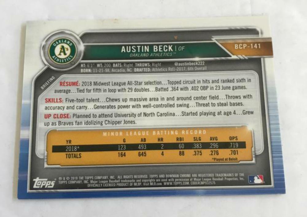 2019 BOWMAN CHROME  AUSTIN BECK  CANARY YELLOW REFRACTOR BCP-141