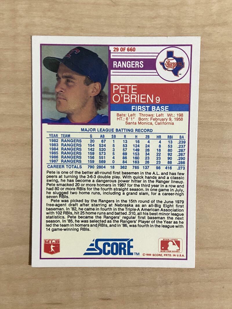 PETE OBRIEN TEXAS RANGERS SIGNED AUTOGRAPHED 1988 SCORE CARD #29 W/COA